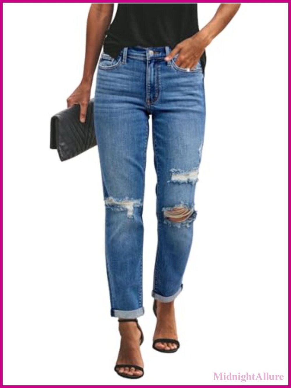 Womens Ripped Mid Waisted Boyfriend Jeans Loose Fit Distressed Stretchy Denim